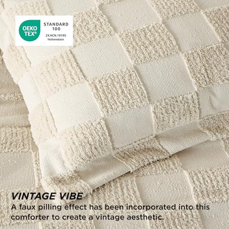Bedsure King Size Comforter Set Mineral Blue, Boho Tufted Bed Set, Checkered Farmhouse Shabby Chic Bedding, 3 Pieces, 1 Plaid Geometric Comforter and 2 Pillow Shams Bedsure