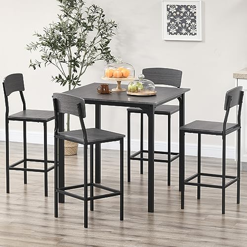 HOMCOM 5-Piece Counter Height Bar Table with Space-Saving Design, Square Kitchen Table and Chairs Set with Footrest, Metal Legs, Industrial Dining Table Set for 4, Gray HOMCOM