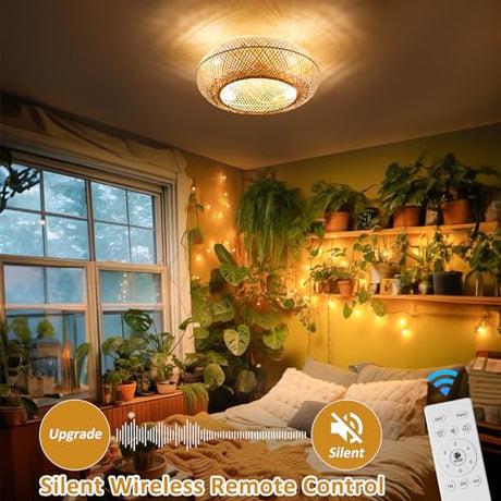 ainqiant Boho Caged Ceiling Fan with Light Flush Mount, 20 Inch Enclosed Rattan Ceiling Fans with Lights and Remote Control,Low Profile 6 Speeds for Bedroom, Living Room ainqiant