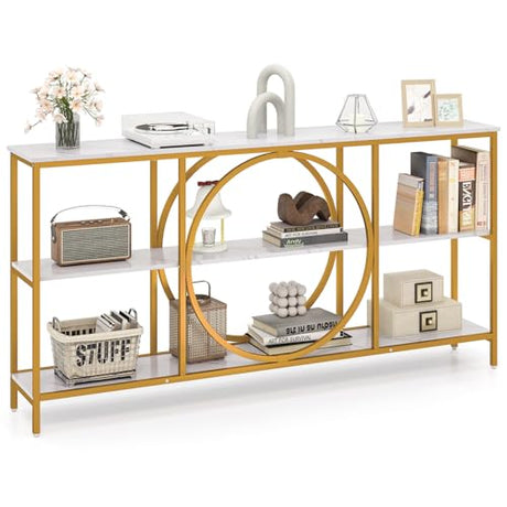Giantex Narrow Long Console Table, 3-Tier Entryway Table with Faux Marble Top & Heavy-Duty Metal Frame, Mid-Century Accent Sofa Tables with Open Storage Shelves for Living Room, Hallway(White+Gold) Giantex