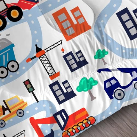FUYEUN Cartoon Truck Comforter Set Twin: Construction Bedding Set for Boys Kids Children Bedroom Dorm White Cute Cars Quilt 1 Comforter + 1 Pillow Case FUYEUN
