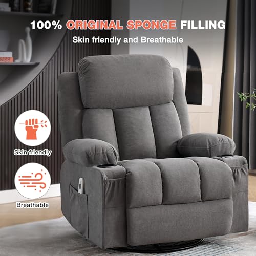 BOSMILLER Swivel Rocker Recliner Chair with Vibration Massage and Lumbar Heating Ergonomic Lounge Chair for Living Room with Rocking Function and Side Pocket, 2 Cup Holders, USB Charge Port