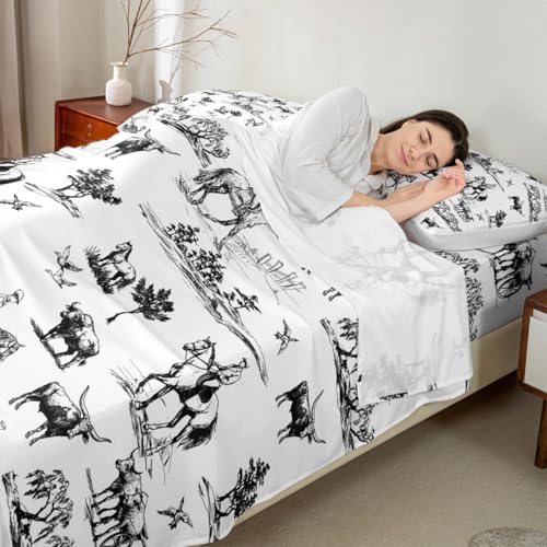 Western Sheet Set King Size Sketch Cowboy Cow and Horse Bedding Set 4Pcs Farm Animal Bed Sheet for Kids Boys Girls Adult Room Decor Black White Rustic Farmhouse Fitted + Flat Sheet,2 Pillowcase Castle Fairy