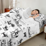 Western Sheet Set King Size Sketch Cowboy Cow and Horse Bedding Set 4Pcs Farm Animal Bed Sheet for Kids Boys Girls Adult Room Decor Black White Rustic Farmhouse Fitted + Flat Sheet,2 Pillowcase Castle Fairy