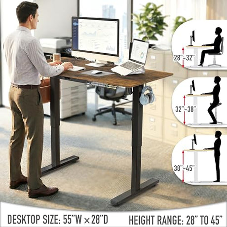 SHW 55 x 28 Inches Electric Height Adjustable Standing Desk with Drawer and Memory Preset, Rustic Brown SHW