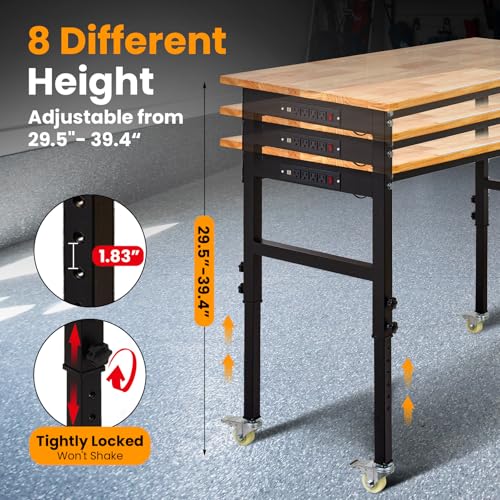 Heavy-Duty Adjustable Garage Workbench 60" L x 24" W – 2000 LBS Capacity with ETL Power Outlet, Rubberwood Top for Woodworking, Welding, Crafting & Home Office (29.5"-39.4" Height Adjust) EliteEdge