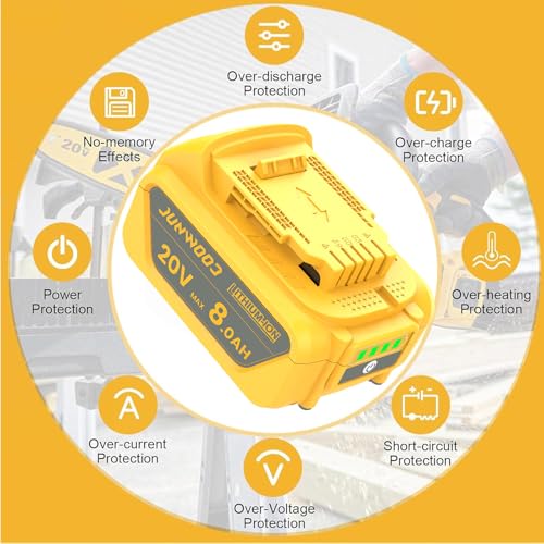 JUNWOOD 2Pack 8.0Ah Lithium Replacement for Dewalt 20V Battery Max XR Cordless Tools DCB180 DCB205 DCB206 DCB206-2 DCB200 DCB204 DCB204BT-2 DCB203 DCB201 DCB207 JUNWOOD