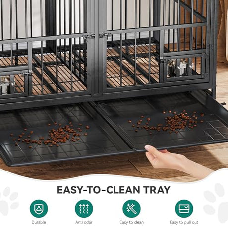 YITAHOME 37.5'' Heavy Duty Dog Crate with Removable Divider, Double Doors & Locks Design, Furniture Style Large Dog Crate with 360° Rotatable Dog Bowls & 360° Wheels & 2 Trays for Small/Medium Dog YITAHOME