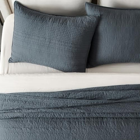 EVERGRACEHOME 100% Cotton Modern Lines Quilt Set King Size, Pre-Washed Soft Striped Coverlet Bedspread, 3 Piece Lightweight Bedding Set for All Season, with 2 Pillow Shams, Midnight Blue EVERGRACEHOME