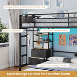 DICTAC Twin Over Full Bunk Bed with 4 Storage Drawers and 3-Tier Open Bookshelf Metal Bunk Bed with LED Lights,Charging Station and Pegboard,L-Shaped bunk Beds with Safety Guardrail and Ladder,Black DICTAC