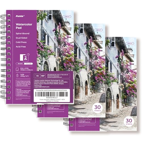 Funto Watercolor Pad 5.5x8.5, 3 Pack, 90 Sheets,140lb/300gsm, Double-Sided, Cold Press, Spiral Bound, Heavyweight Paper for Watercolor Painting Funto