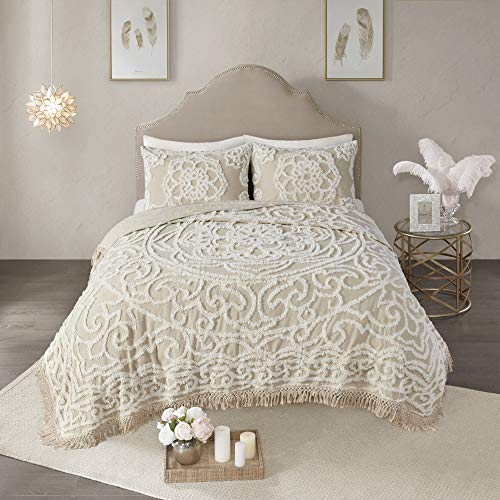 Madison Park Laetitia Lightweight 100% Cotton Quilt Set, Breathable Chenille Tufted, Shabby Chic Boho Medallion Design, Sham, Floral Ivory w/ Tassels, King/California King (104 in x 92 in) 3 Piece Madison Park
