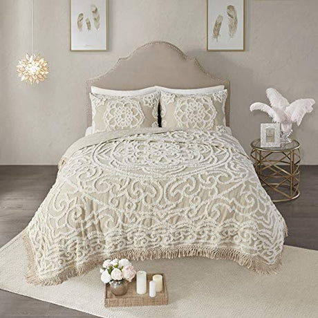 Madison Park Laetitia Lightweight 100% Cotton Quilt Set, Breathable Chenille Tufted, Shabby Chic Boho Medallion Design, Sham, Floral Taupe w/ Tassels, Full/Queen-2 Piece Madison Park