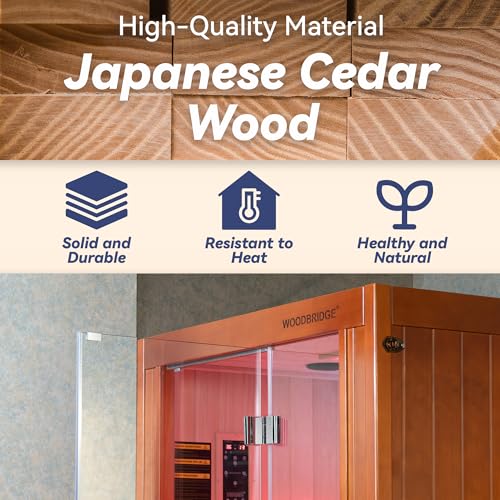 Woodbridge Infrared Home Sauna Room 2 Person Japanese Cedar Indoor Sauna with 7 Carbon Heaters, Red Light Therapy, Bluetooth Speaker, Intelligent Control Panel, Tempered Glass & Top Vent WOODBRIDGE