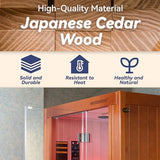 Woodbridge Infrared Home Sauna Room 2 Person Japanese Cedar Indoor Sauna with 7 Carbon Heaters, Red Light Therapy, Bluetooth Speaker, Intelligent Control Panel, Tempered Glass & Top Vent WOODBRIDGE