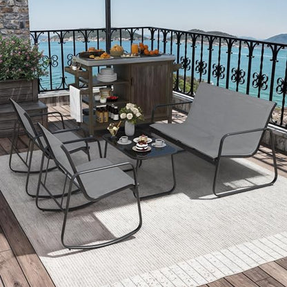 DWVO 4 Piece Patio Furniture Set, Outdoor Conversation Sets for Patio, Lawn, Garden, Poolside with Rocking Chair Set of 2 and Glass Coffee Table - Grey - WoodArtSupply