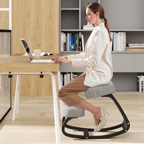 Goplus Ergonomic Kneeling Chair, Rocking Upright Posture Chair with Soft Seat & Knee Pads, Wooden Backless Knee Chair Relieves Neck Back Pain for Home Office Study, Gray and Black Goplus