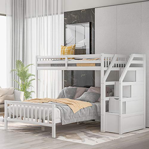 MERITLINE Twin Over Full L Shaped Bunk Beds with Stairs and Storage, Solid Wood Convertible Bunk Loft Beds with Storage Staircase and Guardrail, No Box Spring Needed (Twin Over Full,White) MERITLINE