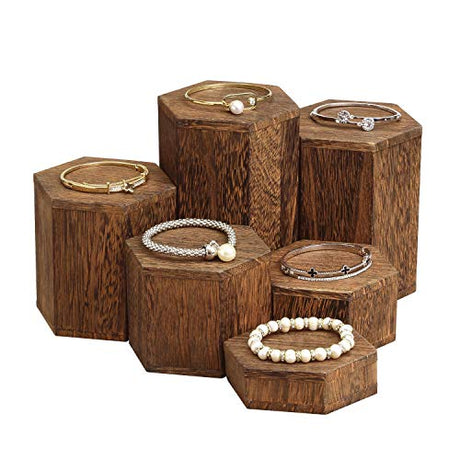 MOOCA Wooden 6 Pcs Hexagon Risers for Display Jewelry and Accessories Display Stand, Brown MOOCA