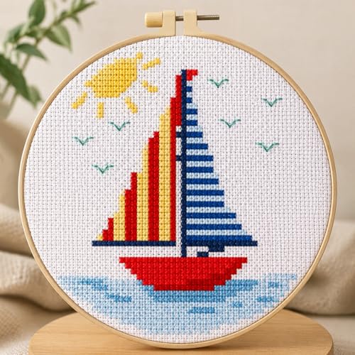 Zhenqing Sailboat Cross Stitch Kit for Beginners with Hoop, 14CT Striped Boat Design, 16x16cm Nautical Embroidery Set (70823)