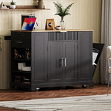 Ball & Cast Fluted Kitchen Island with Trash Can Storage Cabinet,Power Outlet,Internal Storage Rack,Rolling Kitchen Islands On 5 Wheels W/3 Drawers & 3 Open Side Racks for 10 Gallon Garbage Bin,Black Ball & Cast