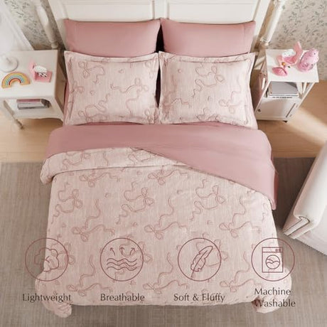 Geniospin Pink Twin Comforter Set for Girls- 5 Pieces Bowknot Jacquard Bed in A Bag Twin Bedding Sets with Sheets, Pillowcases & Shams, All Season Kids Comforter Set Geniospin