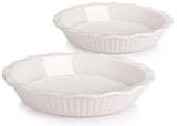 AVLA Ceramic Pie Dish for Baking, 9 Inches/ 47OZ Pie Pan Pie Plate Round Baking Dish Pan with Ruffled Edge for Kitchen Cooking Dessert Dinner, White, Set of 2 AVLA