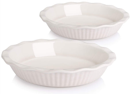 AVLA Ceramic Pie Dish for Baking, 9 Inches/ 47OZ Pie Pan Pie Plate Round Baking Dish Pan with Ruffled Edge for Kitchen Cooking Dessert Dinner, White, Set of 2 AVLA