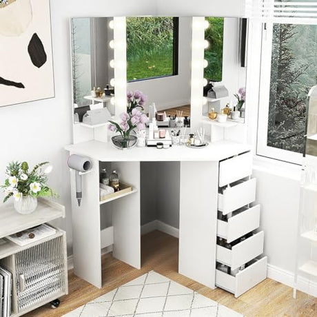 COSTWAY Corner Vanity Desk with Mirror and Lights, Modern Dressing Table with Charging Station, 5 Storage Drawers for Small Space, Bedroom Makeup Vanity Desk for Women, Teen, Girls (White) COSTWAY