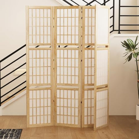 5.6FT Room Divider and Folding Portable Partition Screen, Chinese Japanese Shoji Style with Three Display Shelves for Room Separation - 4 Panel (Natural) Svimi