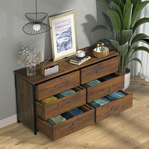 IKENO 6 Drawer Double Dresser, Industrial Wood Dresser for Bedroom, Storage Cabinet with Sturdy Steel Frame IKENO