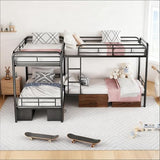 KMBOHE Twin L-Shaped Quad Bunk Bed with Storage Drawers, for 4 Kids/Teens/Adults, Heavy-Duty Metal Corner Bed with Ladder and Full-Length Guardrail, Space Saving Design, No Box Spring Needed, Black KMBOHE