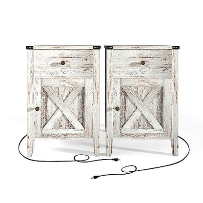 Betterhood Rustic Farmhouse White-Wash Nightstands Set of 2 - Reclaimed Barnwood Side Tables with Charging Station, Ideal for Bedroom & Living Room - WoodArtSupply