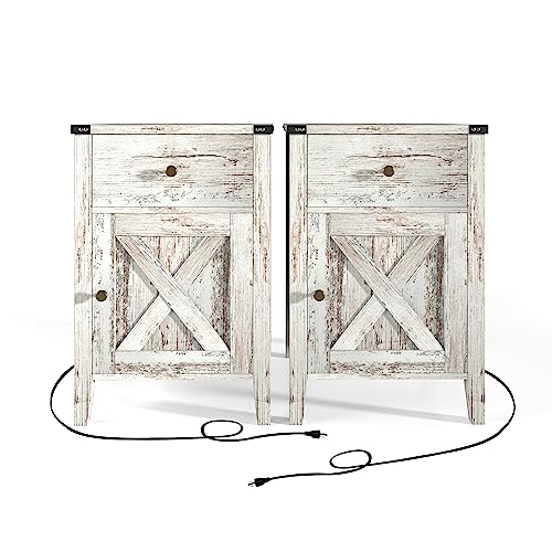 Betterhood Rustic Farmhouse White-Wash Nightstands Set of 2 - Reclaimed Barnwood Side Tables with Charging Station, Ideal for Bedroom & Living Room - WoodArtSupply