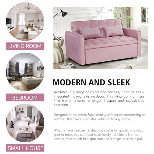 3 In 1 Velvet Convertible Sofa Bed, Pull Out Couch Bed with Reclining Backrest And 2 Pillows, 54" Full Size Loveseat Sleeper Sofa Futon Couch Bed, Couches For Small Spaces, Living Room (Pink) anwickjeff