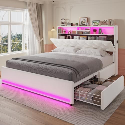 HAUOMS Full Size Bed Frame with Bookcase Headboard,LED Bed Frame with Charging Station, 4 Storage Drawer, Modern Velvet Upholstered Platform Bed with 5 Shelf, No Box Spring Needed, Creamy White HAUOMS