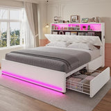 HAUOMS Full Size Bed Frame with Bookcase Headboard,LED Bed Frame with Charging Station, 4 Storage Drawer, Modern Velvet Upholstered Platform Bed with 5 Shelf, No Box Spring Needed, Creamy White HAUOMS