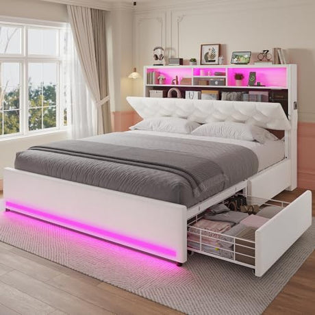 HAUOMS Full Size Bed Frame with Bookcase Headboard,LED Bed Frame with Charging Station, 4 Storage Drawer, Modern Velvet Upholstered Platform Bed with 5 Shelf, No Box Spring Needed, Creamy White HAUOMS