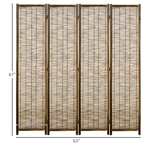 HOMCOM 4 Panel Room Divider, 5.5 Ft Portable Folding Privacy Screens, Reed Hand-Woven Freestanding Partition Wall Dividers for Home Office, Carbonized HOMCOM
