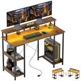 HOMCOM 47" Gaming Desk with Power Outlets and LED Lights, Reversible Computer Desk with Monitor Stand and 2-Tier Storage Shelves, Cable Management, for Home Office, Rustic Brown HOMCOM