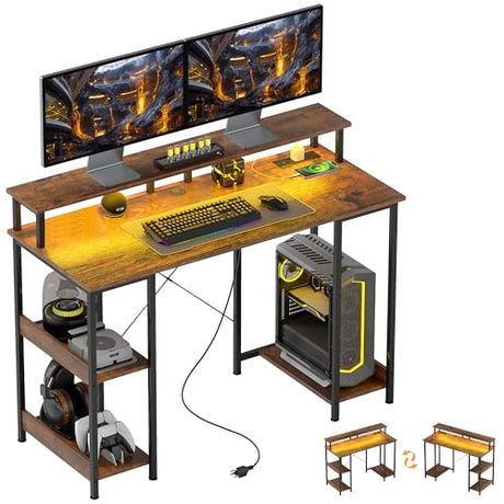 HOMCOM 47" Gaming Desk with Power Outlets and LED Lights, Reversible Computer Desk with Monitor Stand and 2-Tier Storage Shelves, Cable Management, for Home Office, Rustic Brown HOMCOM