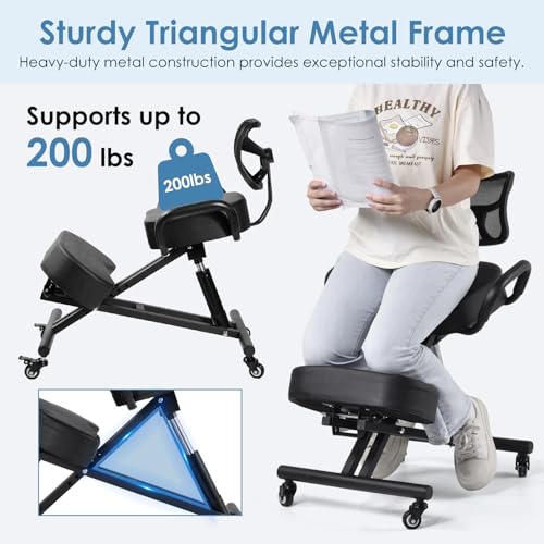 Ergonomic Kneeling Chair with Backrest & Lumbar Support, Adjustable Height Desk Chair with Wheels & Thick Cushion, Ideal for Office & Work from Home, Support Upright Sitting & Relieve Back Pain Generic