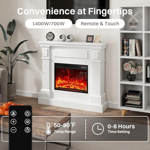 43" Electric Fireplace with Mantel | 1400W Freestanding Electric Fireplaces | Highly Realistic 3D Flame | 50-90℉ AdjustableTemp | Button & Remote Control White Fireplace Mantel | 43" Wx11 Dx40 H FODINGHILL