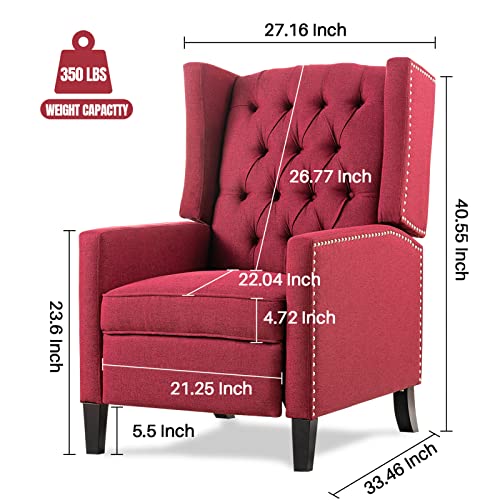 Recliner Chair for Adults Red Fabric Accent Chairs Living Room Mid-Century Modern Recliner Button Tufted Club Chair Upholstered Vintage Reclining Reading Arm Chair 27" Wide