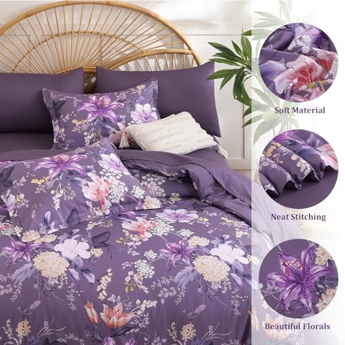 Drucon Floral Comforter Set King Size 7 Piece, Purple Flower Bed in a Bag, Elegant Floral Comforter with Sheet Set, Soft Microfiber Bedding Set for All Season Drucon