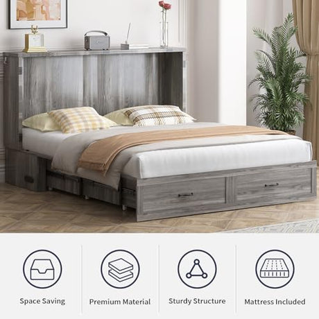 ZAFLY Murphy Bed Queen, Cabinet Bed with Tri-Folding Mattress, Hidden Guest Wall Beds with USB Charging Station & Storage Drawers, Modern Multifunctional Cabinet Murphy Beds, Saving Spaces - Grey ZAFLY
