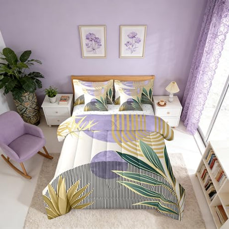 Erosebridal Mid Century Comforter Set King Abstract Bohemian Aesthetic 7 Pcs Bedding Sets,Minimalist Modern Boho Bed in a Bag Vintage Geometric Circle Line Quilt with Flat Fitted Sheet,Purple Gold Erosebridal