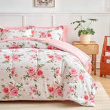 Flower Comforter Sheet Set White Bed in a Bag 6 Pieces Twin Size Dark Pink Floral Microfiber Bedding Set (1 Comforter 2 Pillow Shams 1 Pink Flat Sheet 1 Fitted Sheet 1 Pillowcases) UOZZI BEDDING