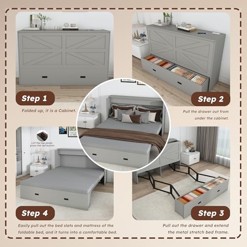 Bellemave Full Murphy Bed with Mattresses and Charging Stations and Storage Drawer, Farmhouse Murphy Cabinet Bed with Foldable Panel, Noisy Free, for Guest Bedroom, Living Room, Gray Bellemave