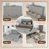 Bellemave Full Murphy Bed with Mattresses and Charging Stations and Storage Drawer, Farmhouse Murphy Cabinet Bed with Foldable Panel, Noisy Free, for Guest Bedroom, Living Room, Gray Bellemave